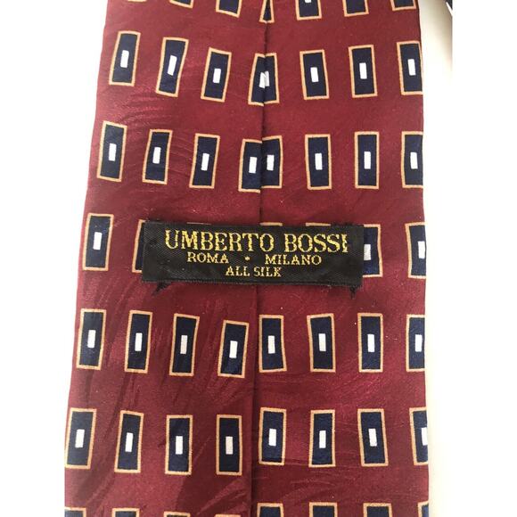 Umberto Bossi Silk Tie Gold Burgundy Red Black Geometric Men Necktie Italy 60x4 - Picture 4 of 5